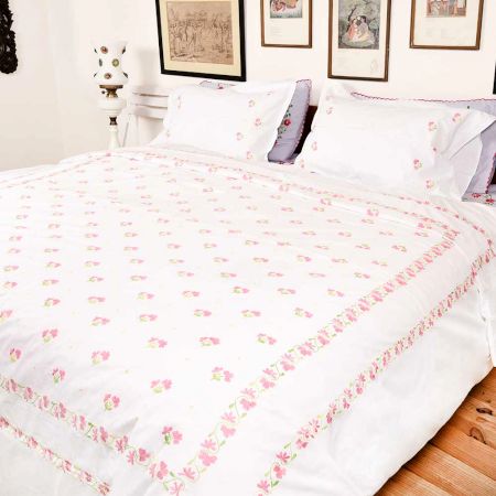 White Cotton Duvet Cover With Pink Floral Hand Embroidery +2 Pillow Covers.