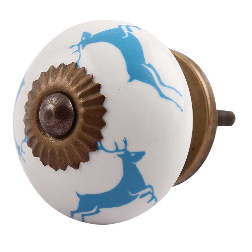 Turquoise Running Rein Deer Pattern Ceramic Dresser Knob Online