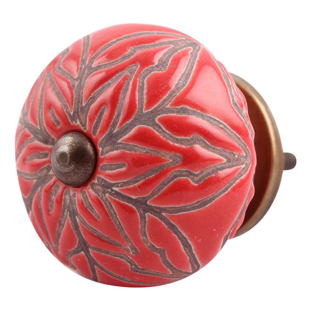 Red Amarylis Floral Etched Ceramic Drawer Knob