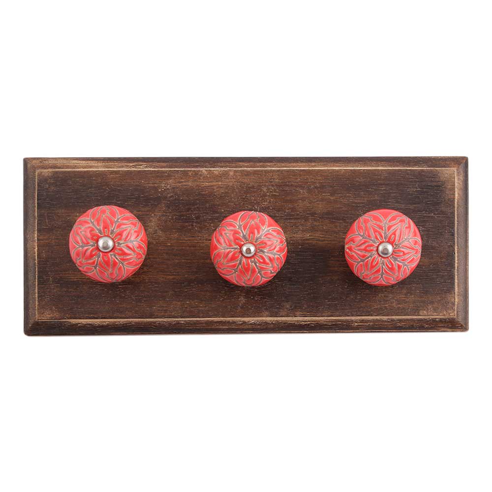 Red Amarylis Floral Etched Ceramic Wooden Hooks