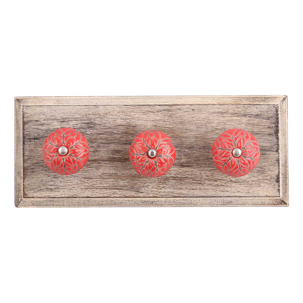 Red Amarylis Floral Etched Ceramic Wooden Hooks