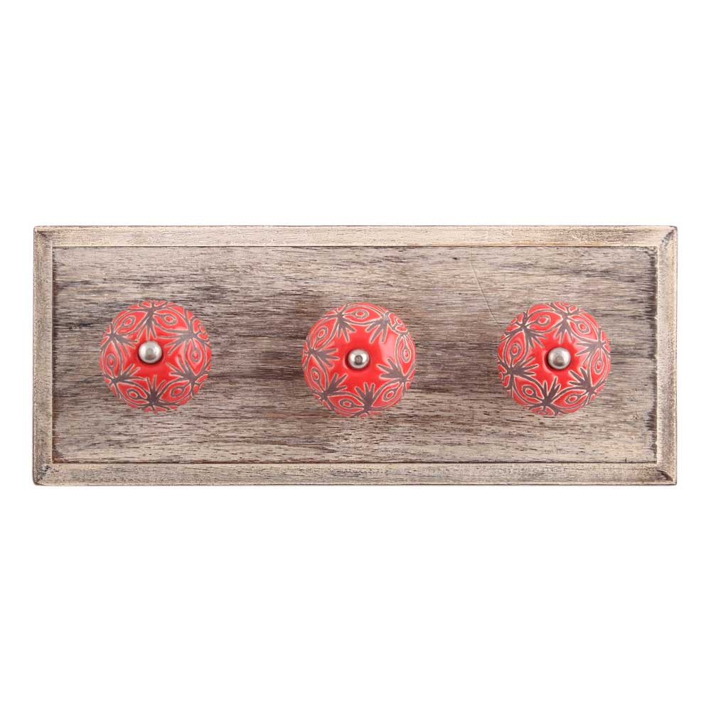 Red Etched Ceramic Floral Wooden Hooks