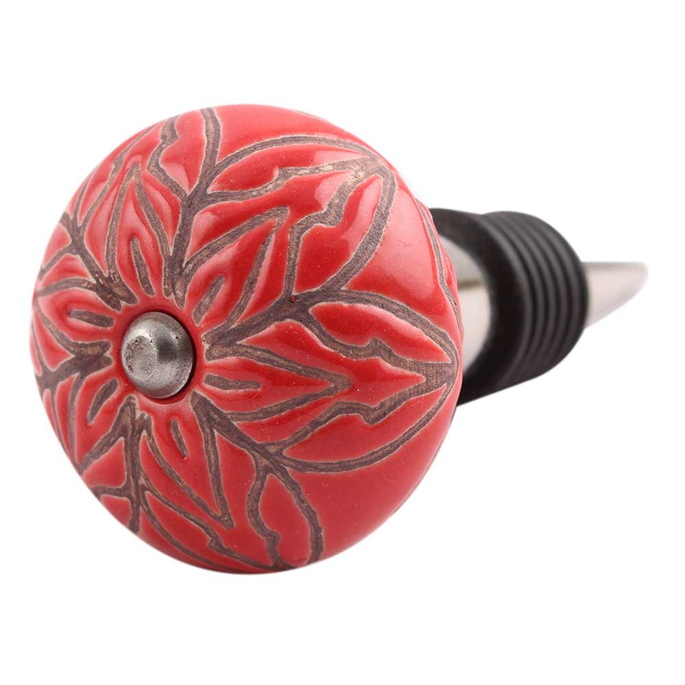 Red Amarylis Floral Etched Ceramic Wine Stopper