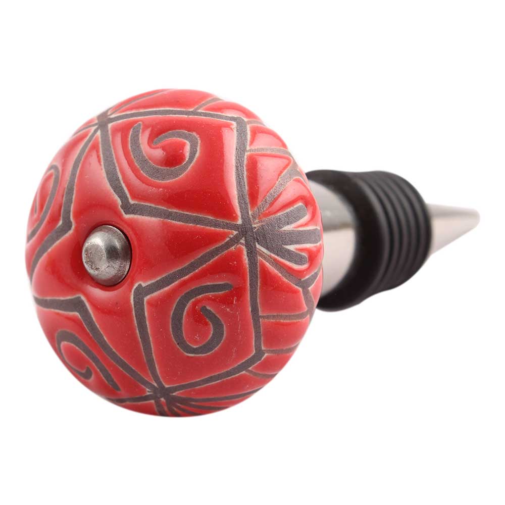 Red Etched Ceramic Floral Wine Stopper