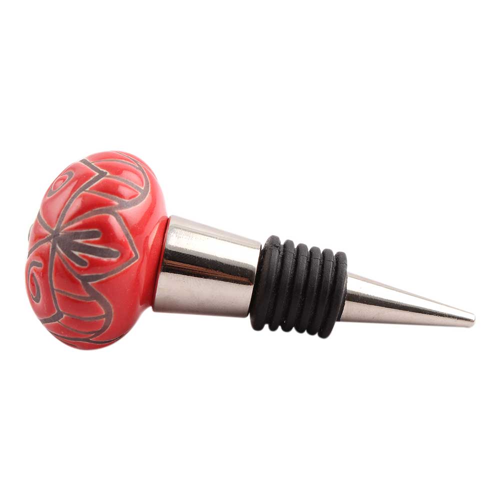 Red Etched Ceramic Floral Wine Stopper
