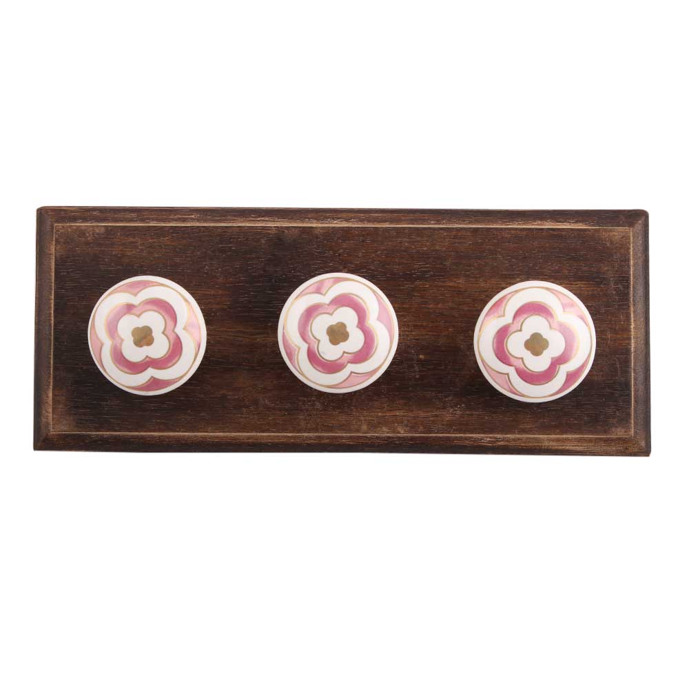 Pink Floral Ceramic Wooden Hooks
