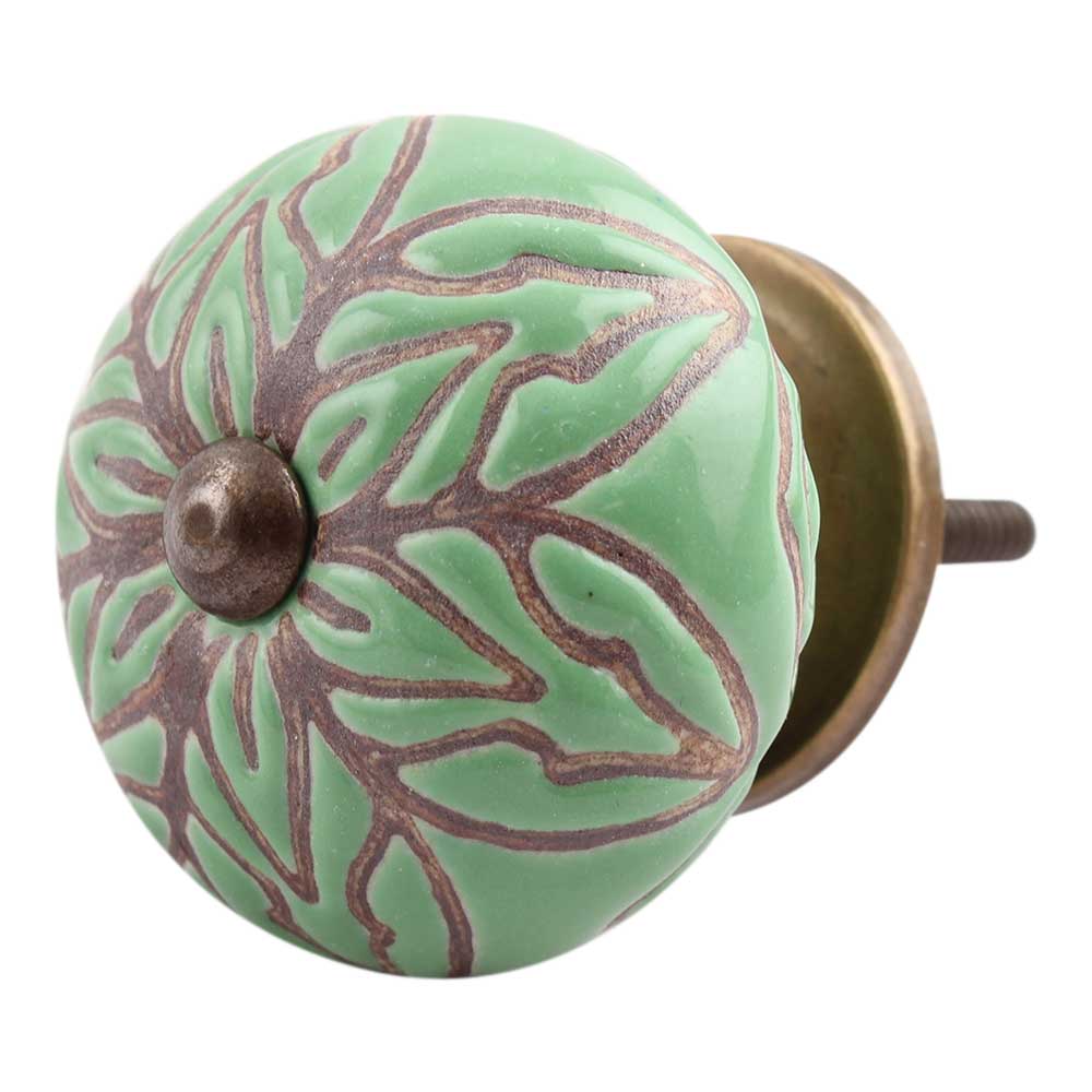 Pea Green Amarylis Floral Etched Ceramic Drawer Knob