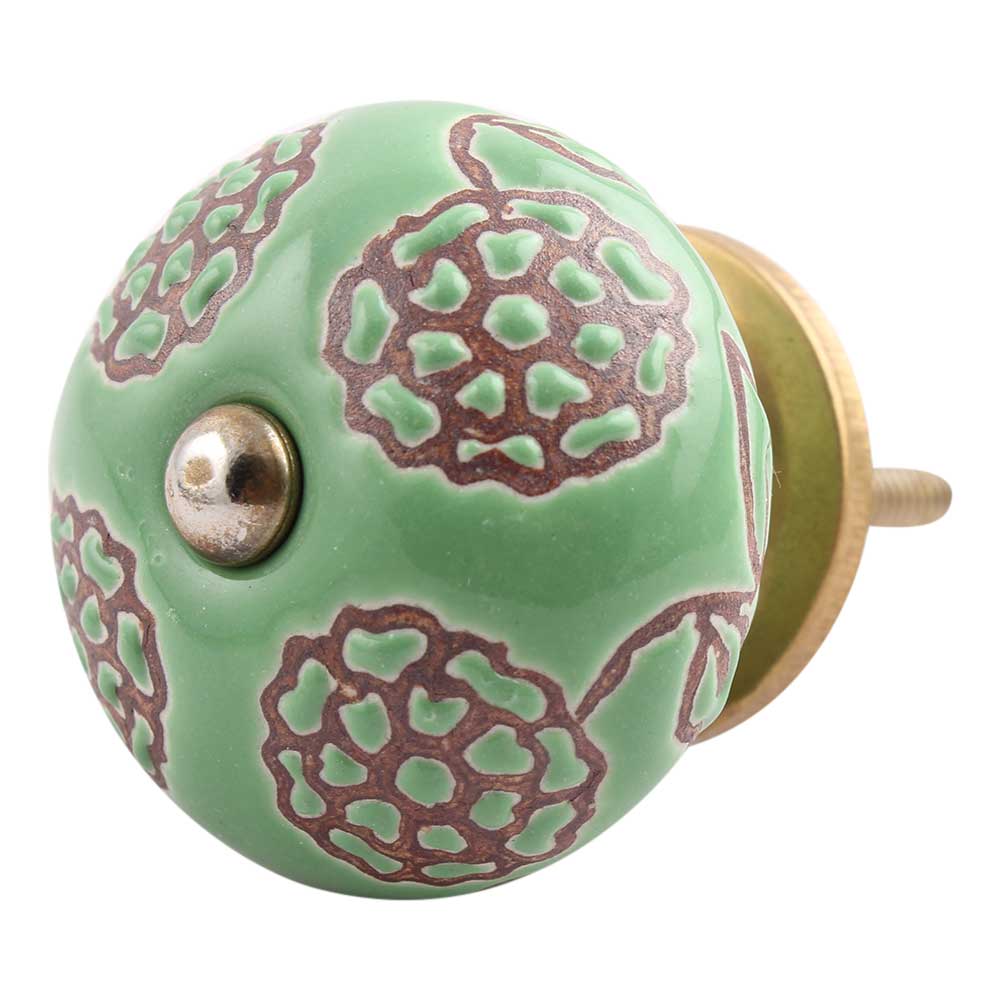 Pea Green Marigold Etched Ceramic Cabinet Knob