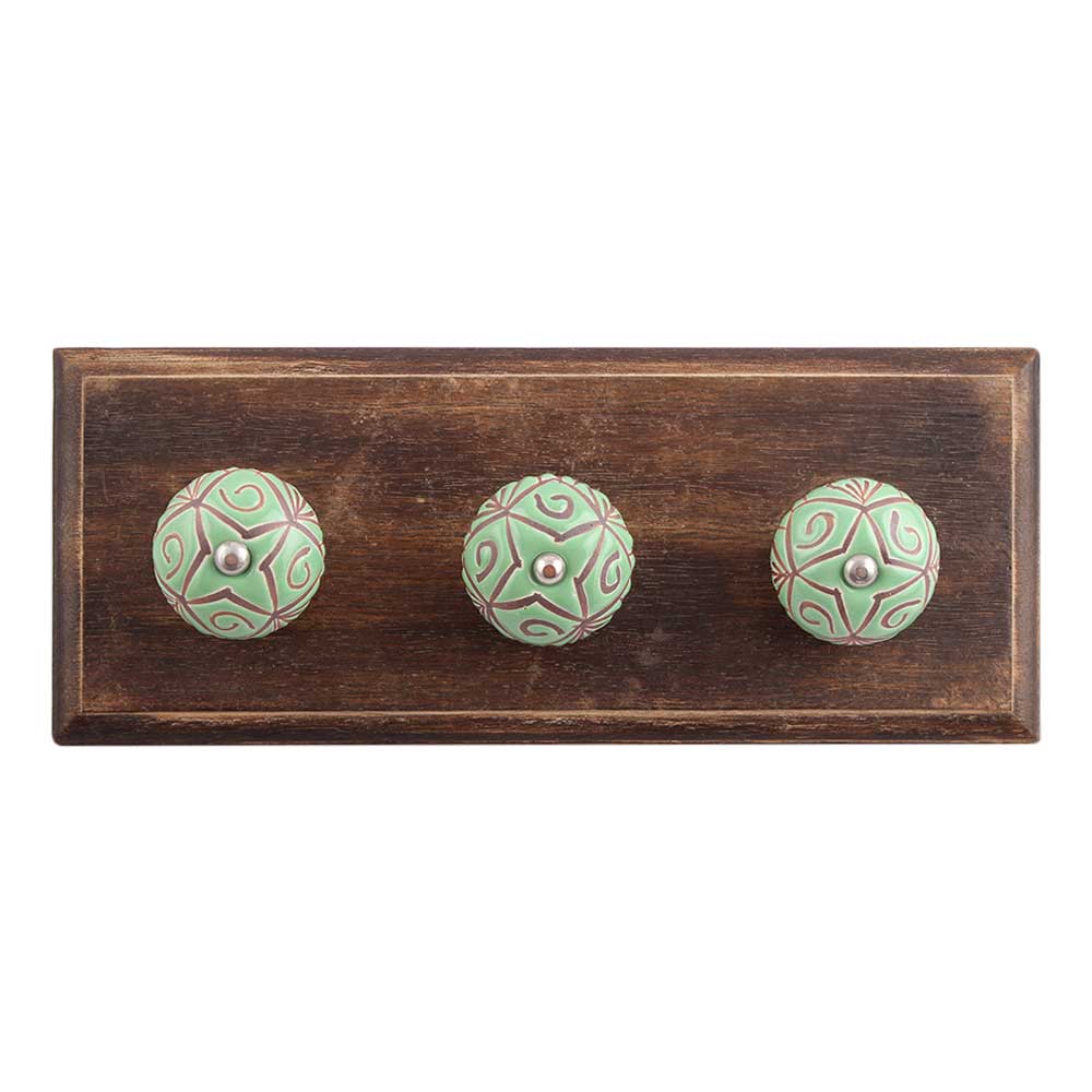 Pea Green Etched Ceramic Wooden Hooks