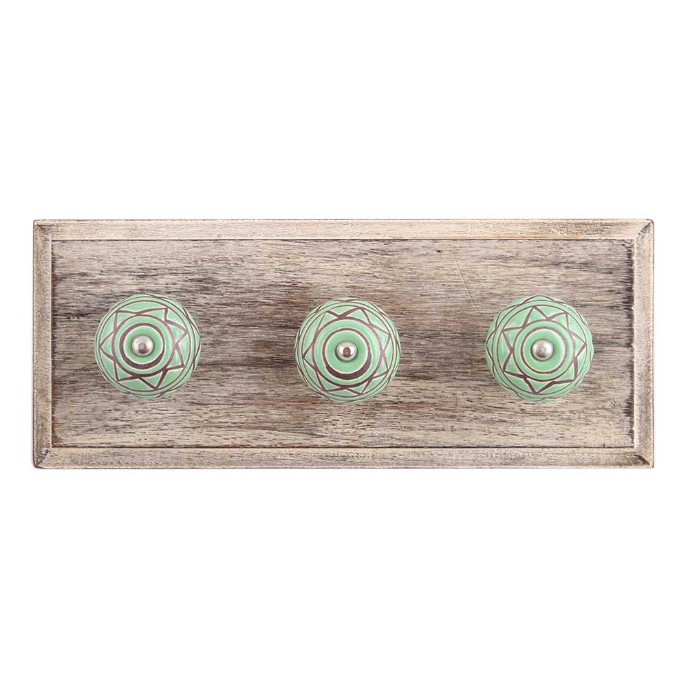 Pea Green Pattern Etched Ceramic Wooden Hooks