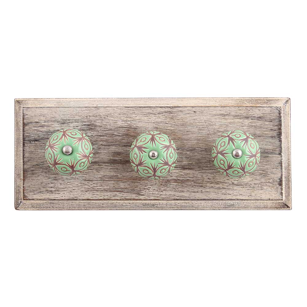 Pea Green Etched Ceramic Wooden Hooks