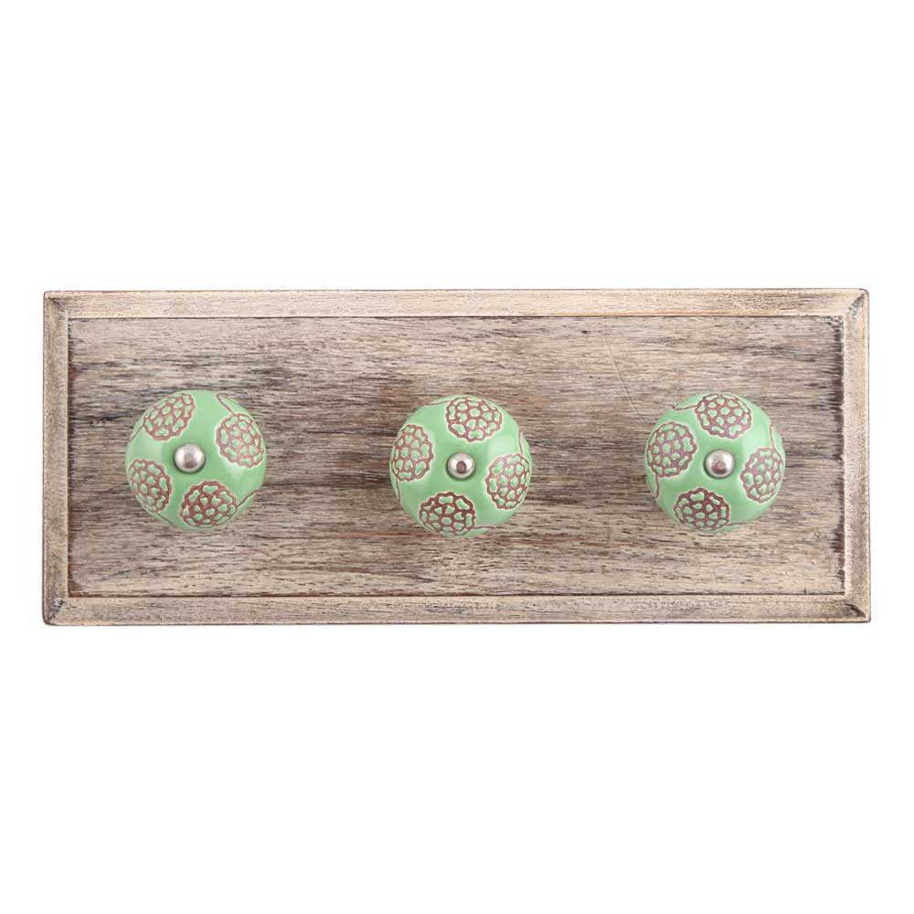 Pea Green Marigold Etched Ceramic Wooden Hooks