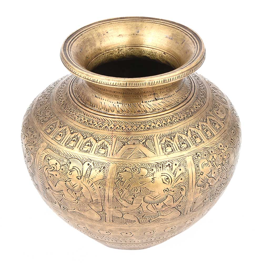 IndianShelf Vocalforlocal Handmade Vintage Brass Leafy Engraved Holy Water Pot with A Stout Pack of 1 Indian Kitchen Utensils 