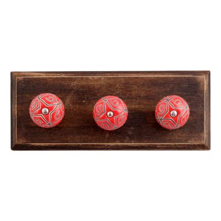 Red Etched Ceramic Floral Wooden Hooks