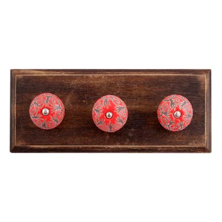Red Etched Ceramic Floral Wooden Hooks