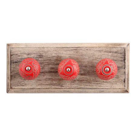 Red Leaf Flower Etched Ceramic Wooden Hooks