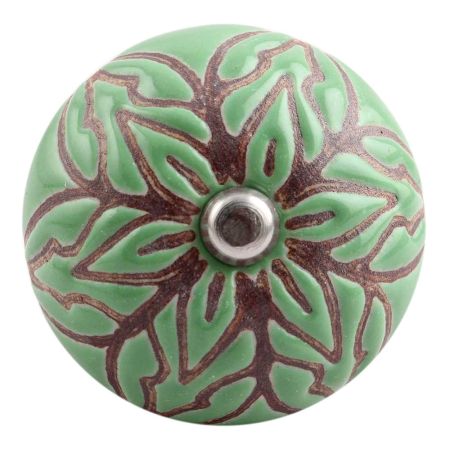Pea Green Amarylis Floral Etched Ceramic Drawer Knob