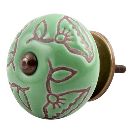 Pea Green Calla Lily Brown Etched Ceramic Cabinet Knob