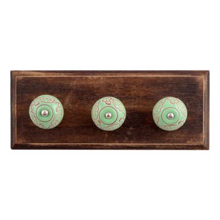 Pea Green Leaf Flower Etched Ceramic Wooden Hooks