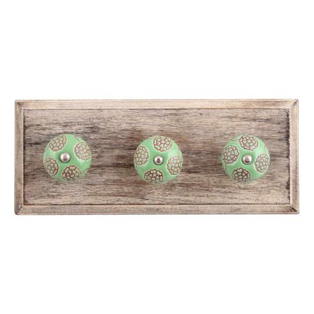 Pea Green Marigold Etched Ceramic Wooden Hooks