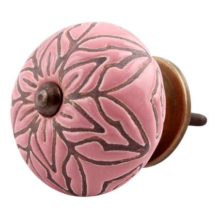 Pink Amarylis Floral Etched Ceramic Drawer Knob
