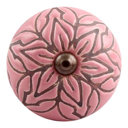 Pink Amarylis Floral Etched Ceramic Drawer Knob