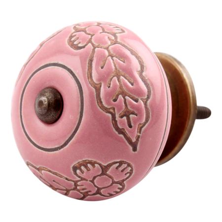 Pink Leaf Flower Etched Ceramic Drawer Knob