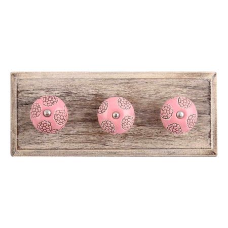 Pink Marigold Etched Ceramic Wooden Hooks