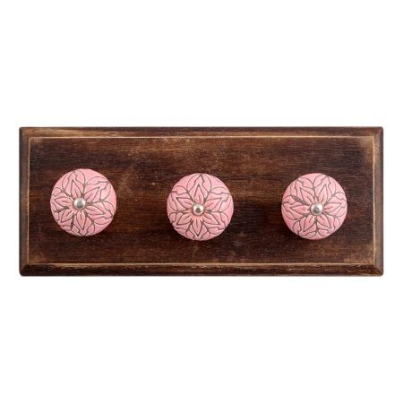 Pink Amarylis Floral Etched Ceramic Wooden Hooks