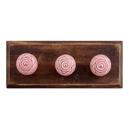 Pink Pattern Etched Ceramic Wooden Hooks