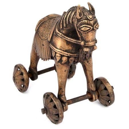 Brass Primitive Horse and Rider on Rolling Wheels