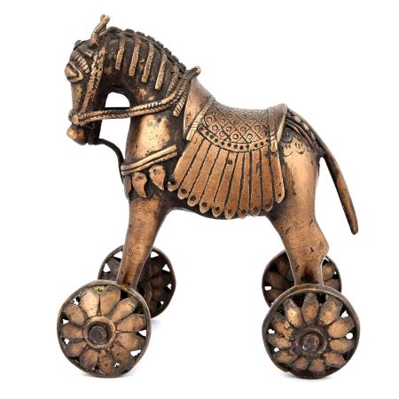 Brass Primitive Horse and Rider on Rolling Wheels
