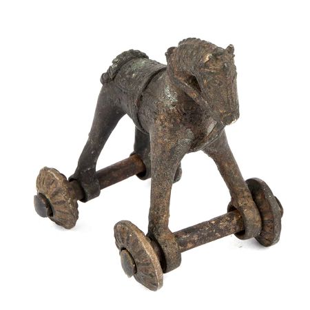 Old Brass Temple Toy Horse on Wheels
