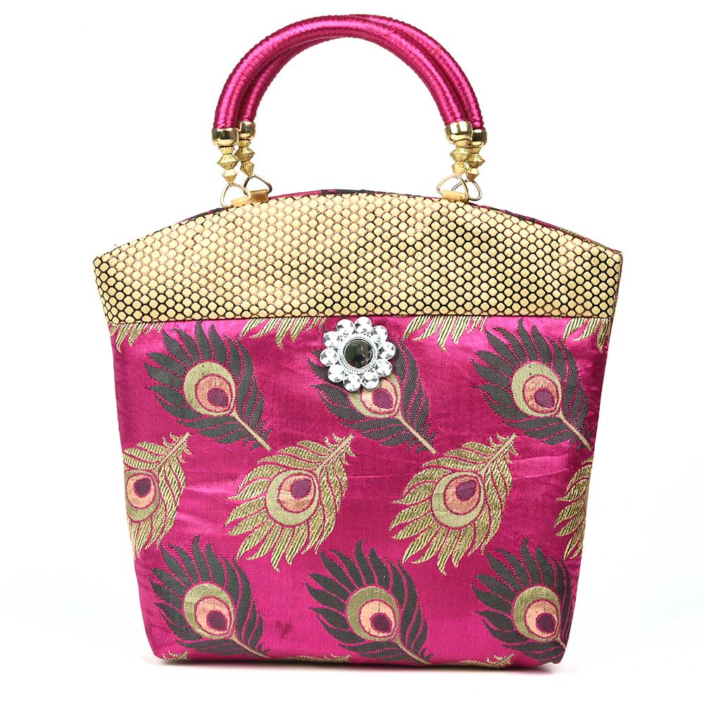 Pink Hand Bag - Peacock Feather with Zari