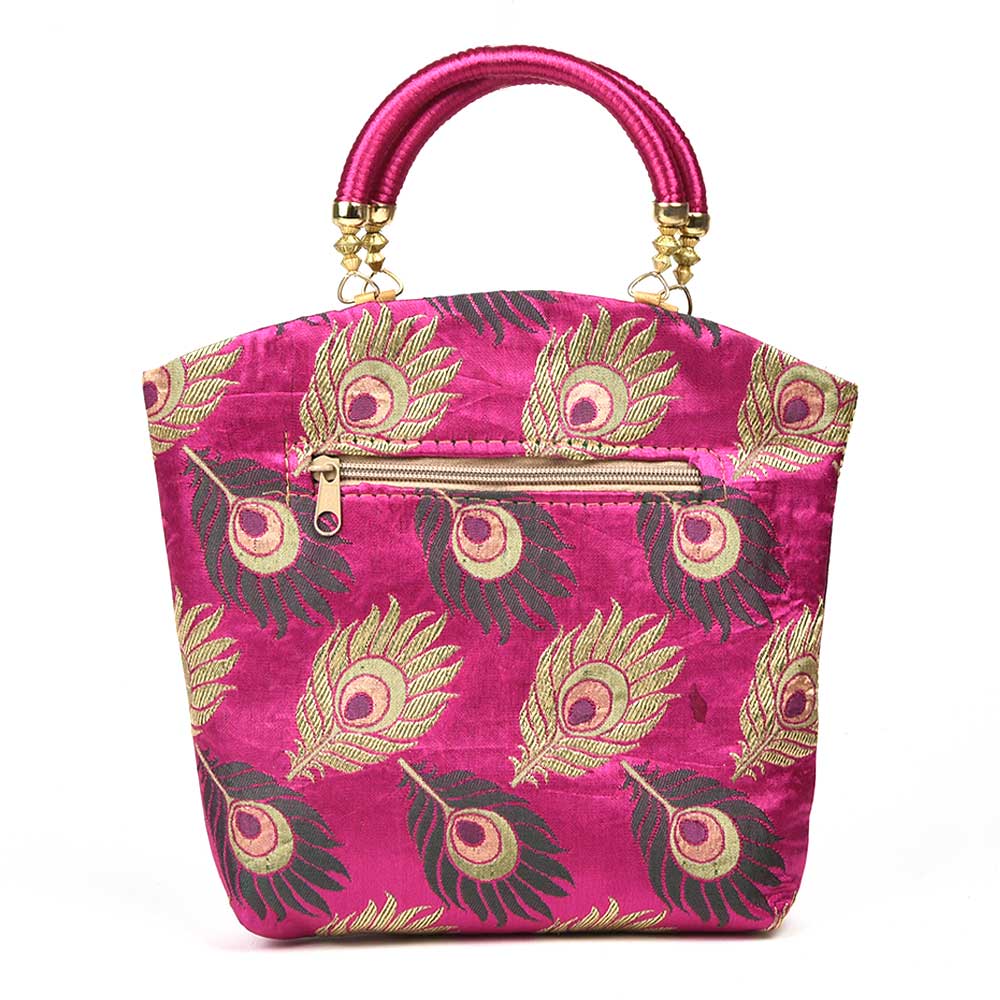Pink Hand Bag - Peacock Feather with Zari