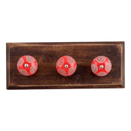 Red Marigold Etched Ceramic Wooden Hooks