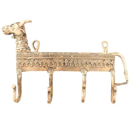 Dhokra Brass Cow Shaped Key 4 Wall Hooks