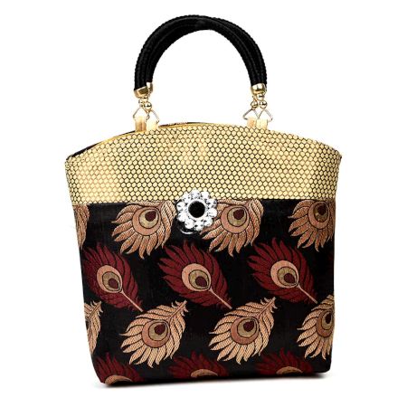 Black Hand Bag - Peacock Feather with Zari
