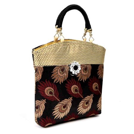 Black Hand Bag - Peacock Feather with Zari