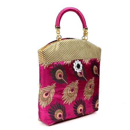 Pink Hand Bag - Peacock Feather with Zari