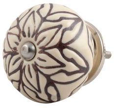 Cream Amarylis Floral Etched Ceramic Cabinet Knob