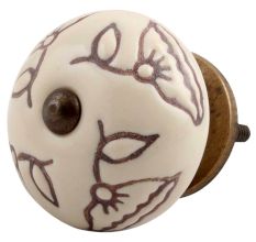 Cream Calla Lily Brown Etched Ceramic Dresser Knob