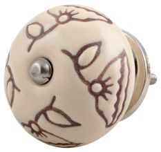Cream Calla Lily Brown Etched Ceramic Dresser Knob