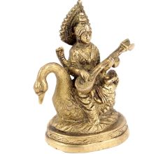 Goddess Saraswati Idol Sitting on Hans Brass Figurine