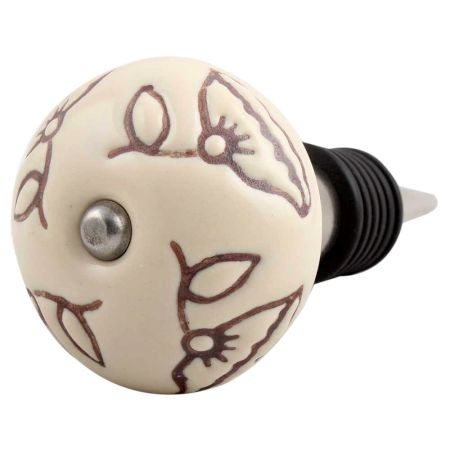 Cream Calla Lily Brown Etched Ceramic Wine Stopper