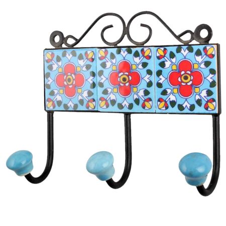 Turquoise Red Floral Tiles Hook