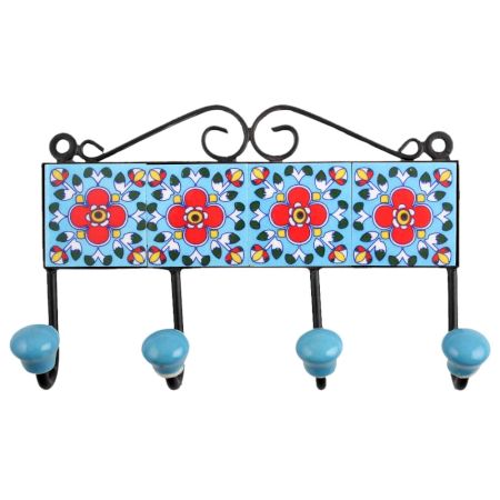 Turquoise Red Floral Tiles Hooks