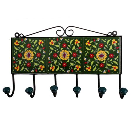 Forest Green Yellow Floral Tiles Hooks