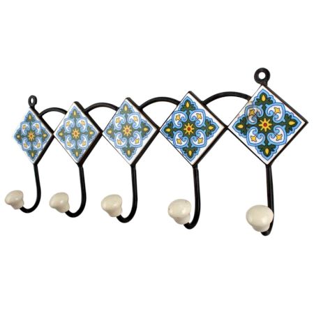 Turquoise White Floral Tiles Hooks
