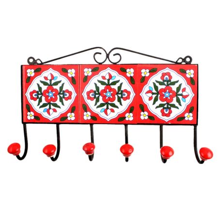 Red White Floral Tiles Hooks
